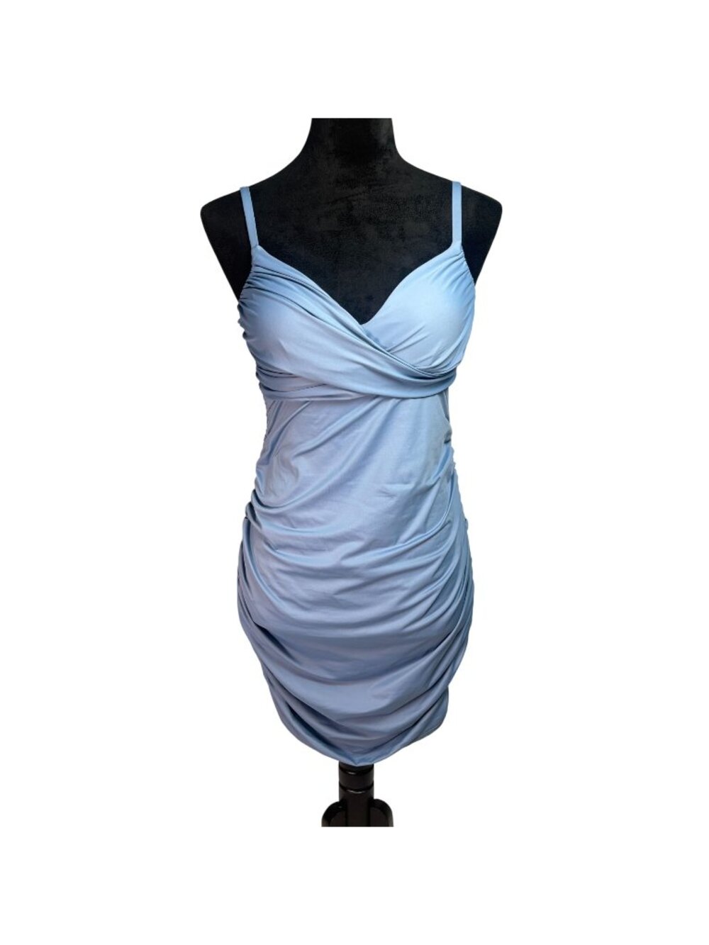 HALARA Light Blue Ruched Cowl Neck Halter Bodycon Mini Dress Size Medium